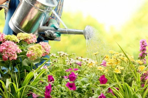 A close-up view of a gardener's gloved hand holding a metal watering can while watering a vibrant flower bed in an outdoor garden. The flower bed contains a variety of colorful flowers, including pink, purple, and yellow blooms, with lush green foliage and long, narrow grass-like leaves. The background features a well-maintained lawn area with evenly cut grass, bordered by neatly trimmed hedges and small shrubs. Sunlight filters through the trees, casting a soft, natural light over the scene, emphasizing the healthy, thriving plants. The setting appears to be a private garden or landscaped outdoor space in Chiswick, suitable for gardening and lawn care services by Landscapers Chiswick, with a focus on maintaining vibrant flower beds, lawn areas, and garden borders to enhance outdoor aesthetics.