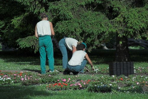 Three individuals are working together in a lush garden area, with a large coniferous tree providing shade in the background. One person, dressed in a white sleeveless top and teal trousers, stands facing away and appears to be supervising or observing. Another person, wearing a light blue shirt and dark pants, is bent over close to the ground, actively tending to the plant beds. The third individual, in a white short-sleeved shirt and dark jeans, is kneeling or crouching, engaged in planting or weeding within flower beds bordered by mulch and filled with a variety of small, colorful flowers in shades of pink, red, and purple. Surrounding the work zone, there is a well-maintained grassy lawn with a dense canopy of green leaves overhead, offering a peaceful outdoor environment suitable for gardening and landscaping activities. Visible garden features include flower beds, soil patches, and a black plastic grid on the grass. The scene suggests a community or professional gardening project, showcasing garden maintenance and planting activities typical of horticultural services in the Chiswick area.